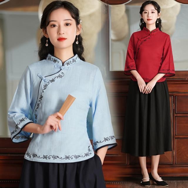 [ผ้าใส่สบาย] ใหม่จีนไซส์ใหญ่สไตล์สาธารณรัฐจีนสไตล์ย้อนยุคปักกี่เพ้าชุดจีนชุดศิลปะชาย้อนยุคเสื้อจีนสไตล์ผู้หญิงผ้าฝ้ายผสมผ้าลินิน