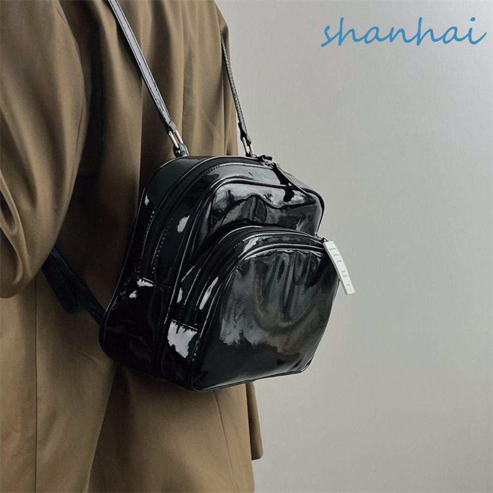 Shanhai กระเป๋าเป้สะพายหลัง PU, PU Bright กระเป๋าสะพายสีทึบ, Creative Square Small Pack กระเป๋าเป้ย้อนยุคสไตล์เกาหลีนักเรียน