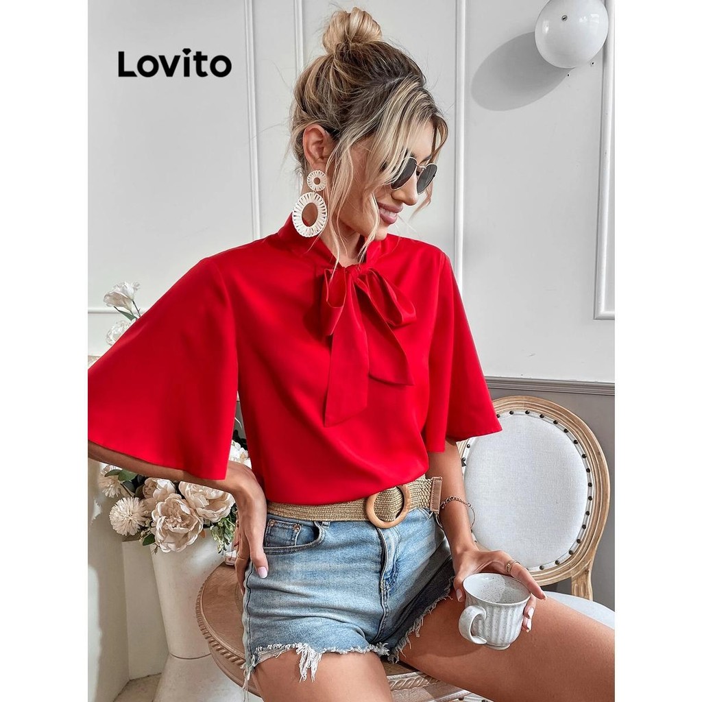 Lovito เสื้อเบลาส์ลูกไม้เรียบหรูสำหรับผู้หญิง LNL81179