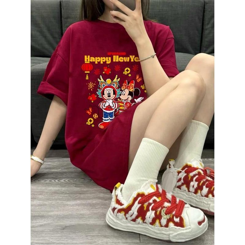 เกาหลี เสื้อแบบดารา เสื้อยืดแขนสั้น CMDXY3240 ผู้ชาย ผู้หญิง ลายทาง ตัวอักษร หลวม ลายสกรีน ฤดูร้อน ฤดูใบไม้ผลิ