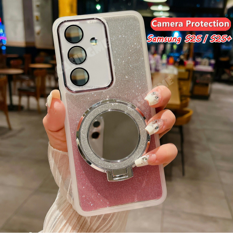 Samsung S25 Ultra S25 + 2025 กระจกแม่เหล็กวงเล็บ Glitter สําหรับ Samsung Galaxy S25+ S25Plus S25Ultra Plus + ฝาครอบกล้อง Shcokproof เคสโทรศัพท์เลนส์ Protector Soft ฝาหลัง