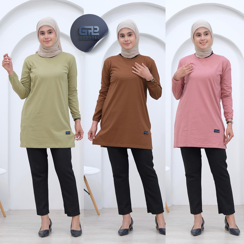 KATUN GPL APPAREL เสื้อยืดผู้หญิง Tunic แขนยาว ผ้าฝ้ายหวี - สีดํา แขนยาว| แขนยาว|แขนจับจีบ|ผ้าคอตตอน