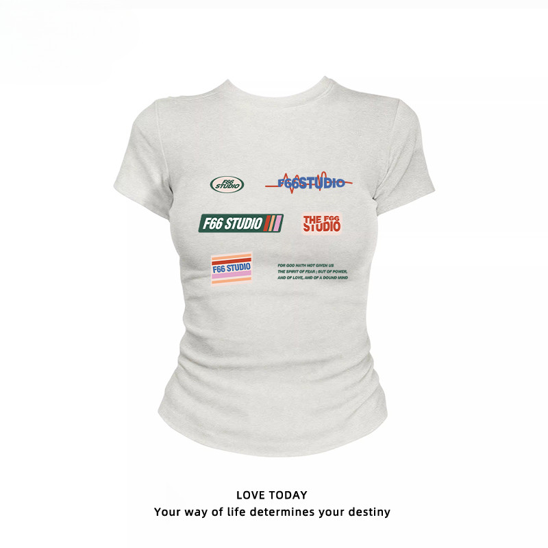 เสื้อยืดเซ็กซี่ เสื้อพิมพ์ลาย 💋 TLDX0314 เสื้อยืดสวยๆผู้หญิง แขนสั้น ทรงเข้ารูป เซ็กซี่ สไตล์อเมริกันย้อนยุคเรียบง่าย