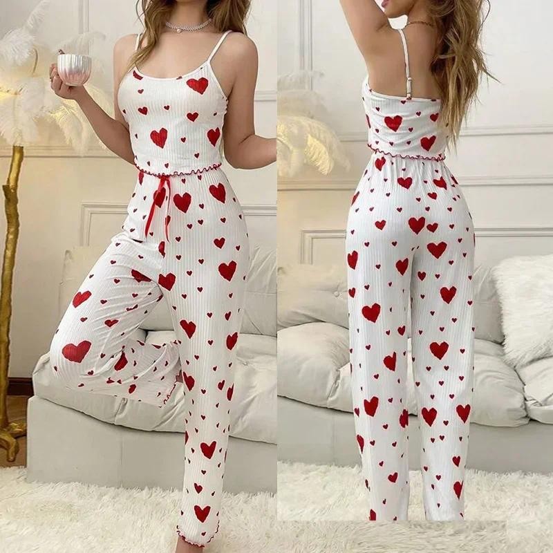 GAutumn Winter Pajamas Sets for Women Sleepwear Heart Print Sleeveless Cami Vest with Long Pants Tro
