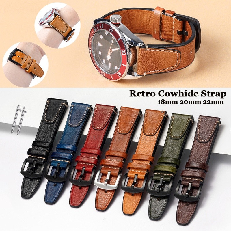 Retro หนังวัวแท้สายนาฬิกา 18 มม.20 มม.22 มม.Quick Release สายนาฬิกา Vintage Hand-made เย็บสร้อยข้อมือสําหรับสมาร์ทนาฬิกาผู้ชายผู้หญิงเข็มขัดสําหรับ Seiko