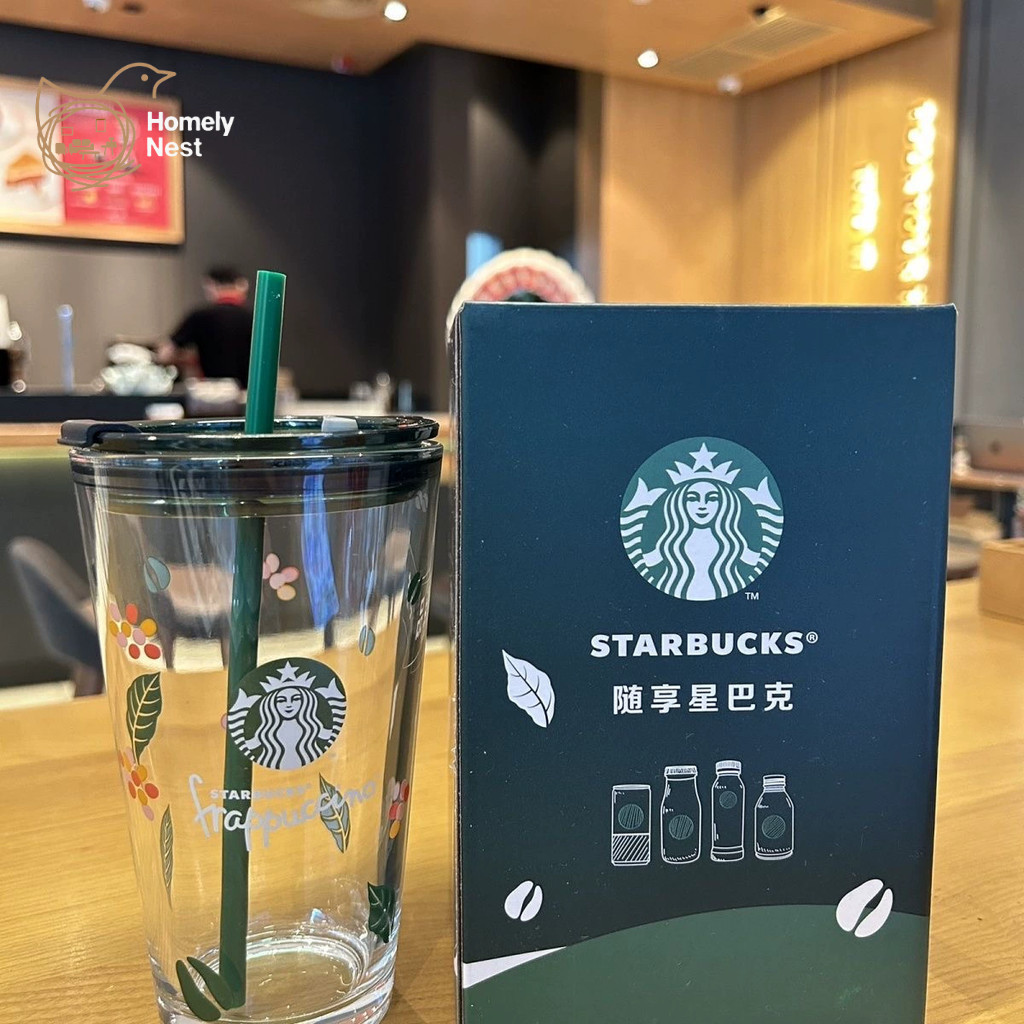Starbucks แก้วกาแฟแก้วพร้อมหลอด ลายใบไม้เขียว Frappucino ใส 450ml ใส่น้ําผลไม้ นม