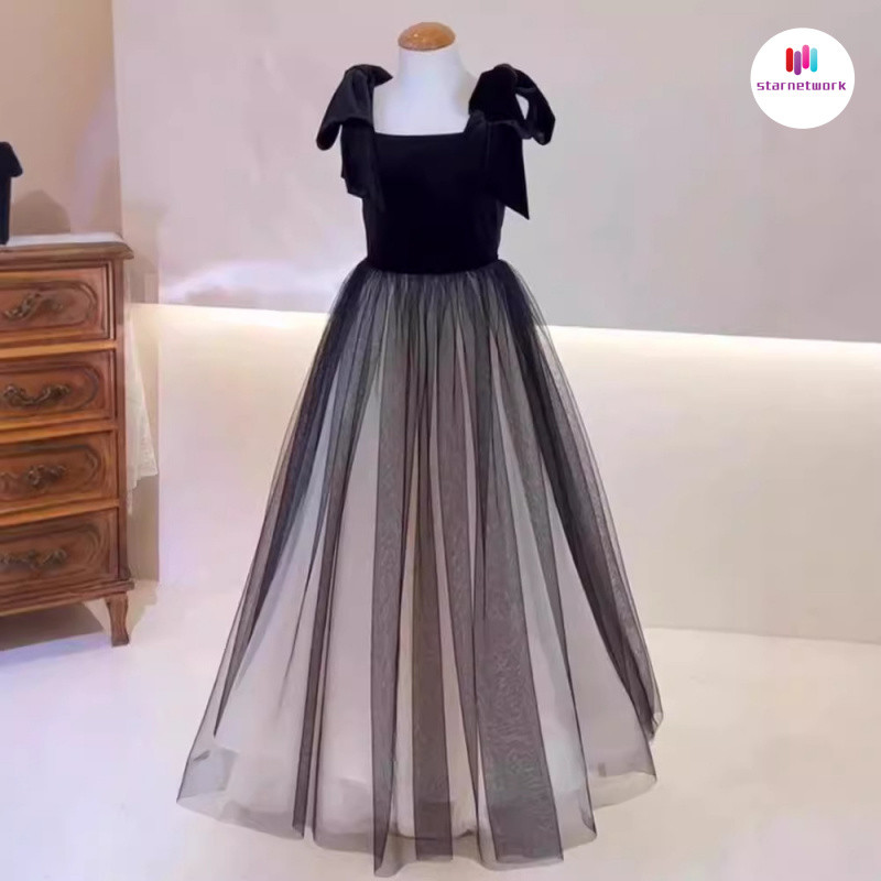 สาวแต่งตัวกํามะหยี่สีดํา2025เปียโนเครื่องแต่งกายเด็กโฮสต์ระดับไฮเอนด์ผ้ากอซชุดเจ้าหญิง