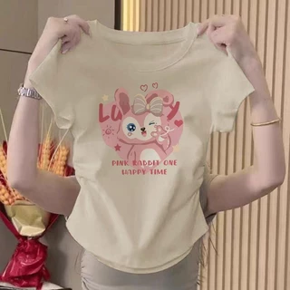 เสื้อรัดรูปเสื้อครอปฤดูร้อนอเนกประสงค์บางบาง คอกลม ทรงสลิมฟิต แสดงผอม เสื้อยืดครอป เสื้อพิมพ์ลาย ลวดลายการ์ตูน เสื้อรัด