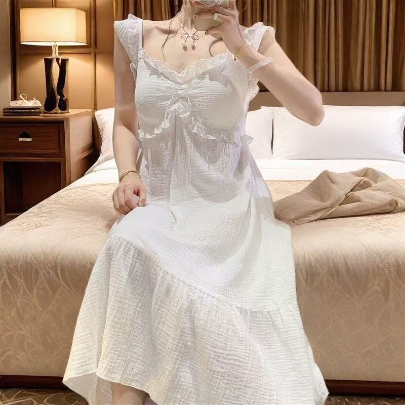 ชุดนอนผ้าฝ้ายลูกไม้สำหรับผู้หญิง  NIGHTDRESS สไตล์เจ้าหญิง พร้อมแผ่นรองหน้าอก Loungewear คุณภาพสูง