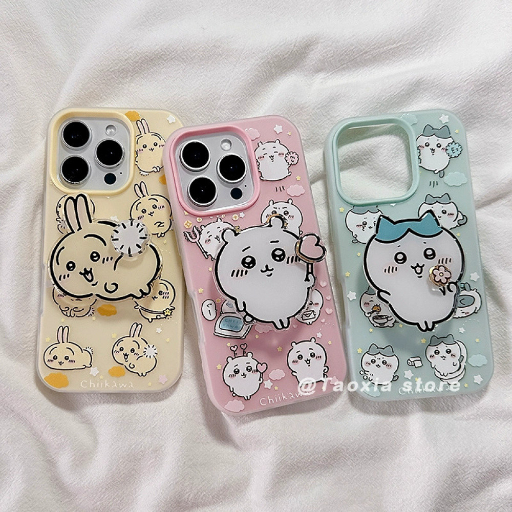 การ์ตูนน่ารักหมุนได้หัวใจรัก Chiikawa Stand Holder เคสไอโฟนเข้ากันได้สําหรับ iPhone 16 Pro Max 16 Pro 15 Pro Max 14 13 Anti Drop เลนส์ป้องกัน Hard Tpu กลับ Matte Cover