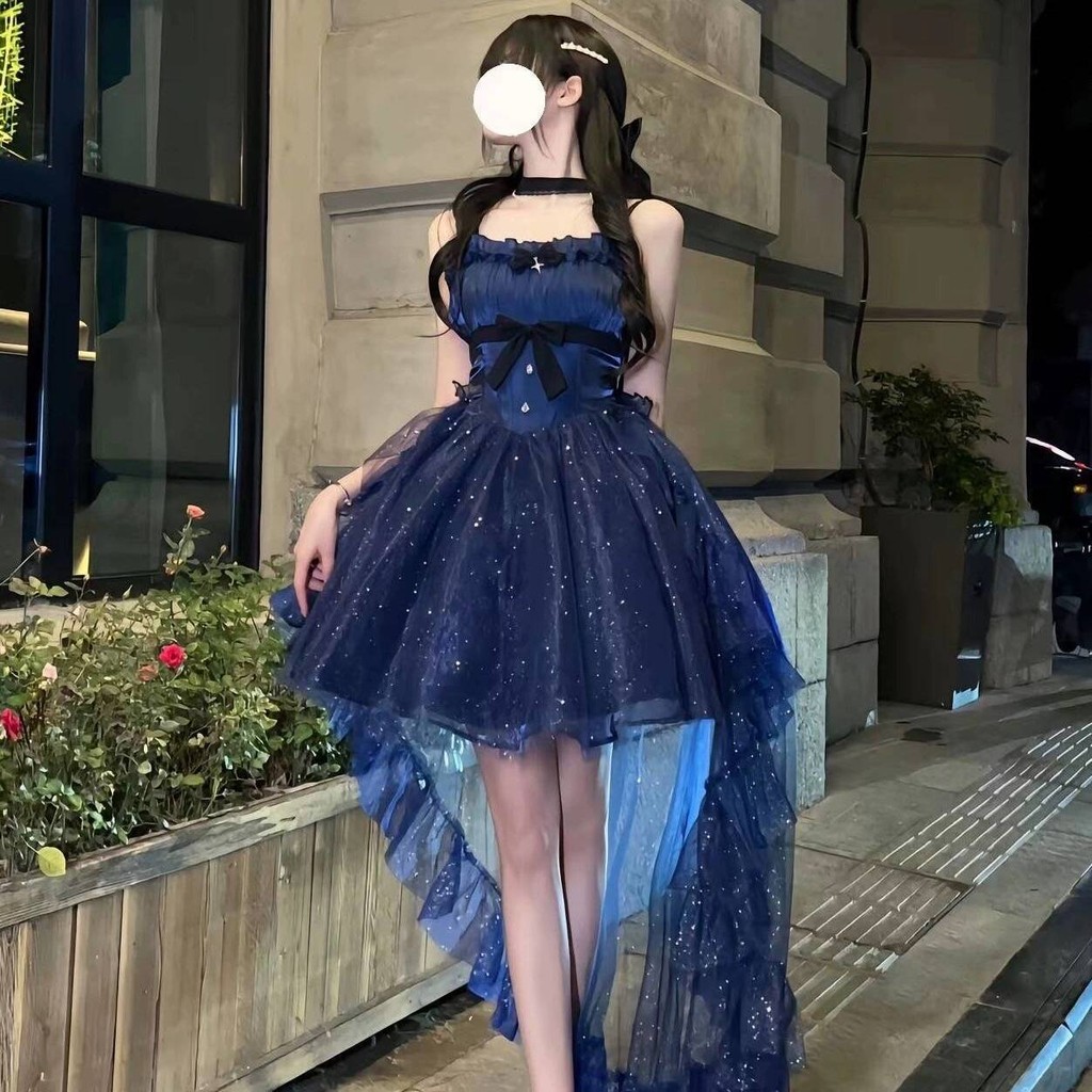 Autumn New Korean Princess Dress Fashionable Elegant Slim Fit Slimming Thin and Glittering Strap Trailing Dress Short Skirt Female Fairy Temperament