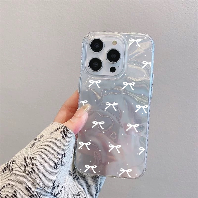 เต็มหน้าจอ โบว์สีขาว 🔥กันได้เคสไอโฟน🔥 16 11 13 15 12 14 Pro Max XR 16 8 7 Plus X XS Max SE หวานรักหัวใจเงาลูกฟูกเคส