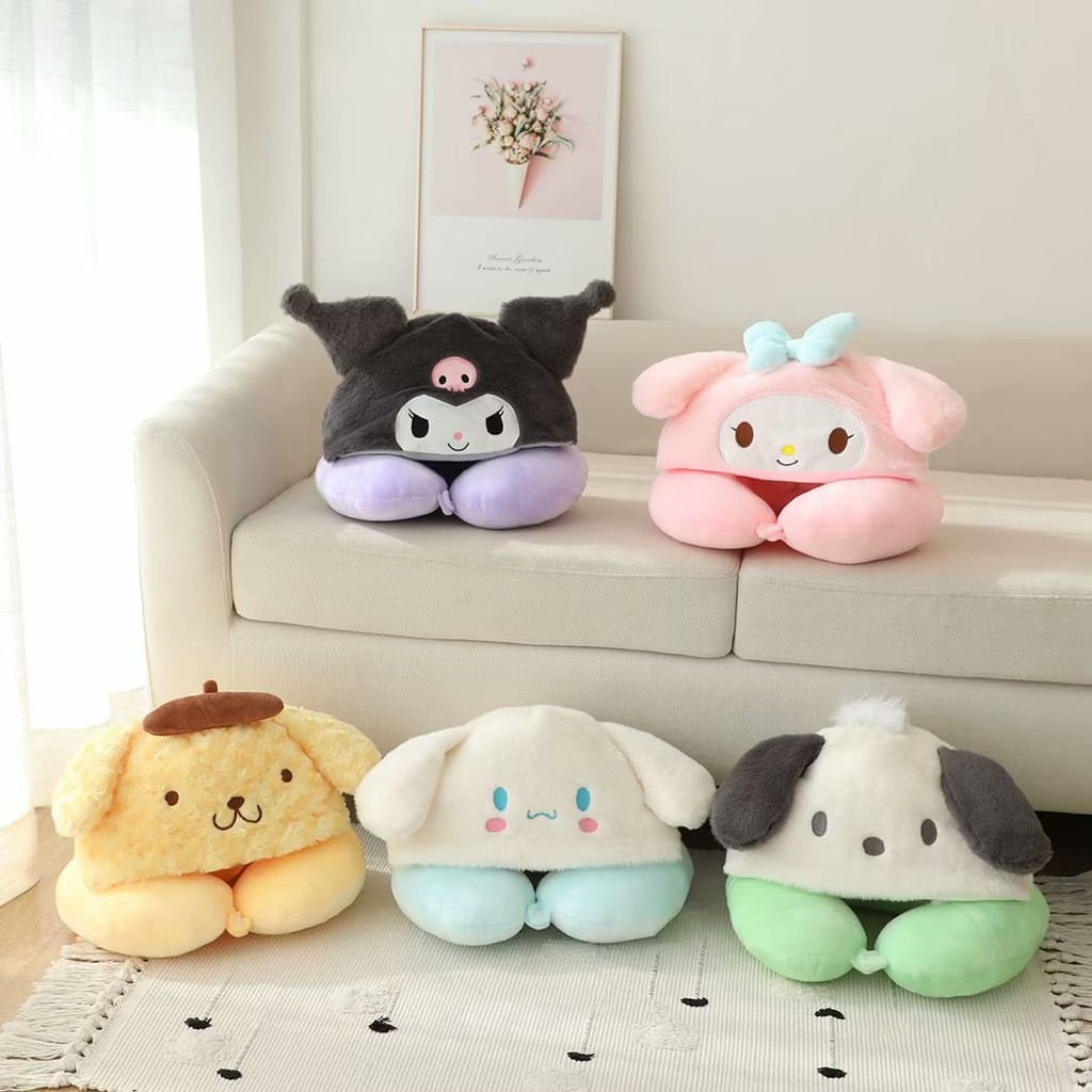 หมอนเดินทางคอ Kuromi My Melody Cinnamoroll พร้อมฮูด รองรับศีรษะรูปตัว U Pachacco PomPom Puri