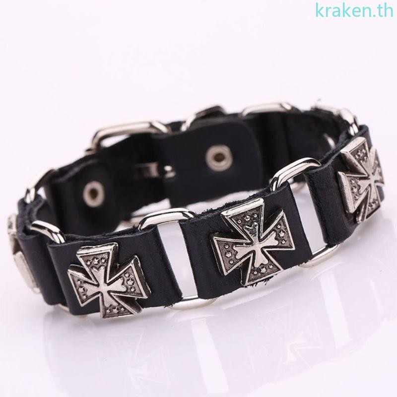Kra Mens Punk ปรับสายหนังสร้อยข้อมือโลหะสําหรับ Cross Cuff กําไลข้อมือ Wristba
