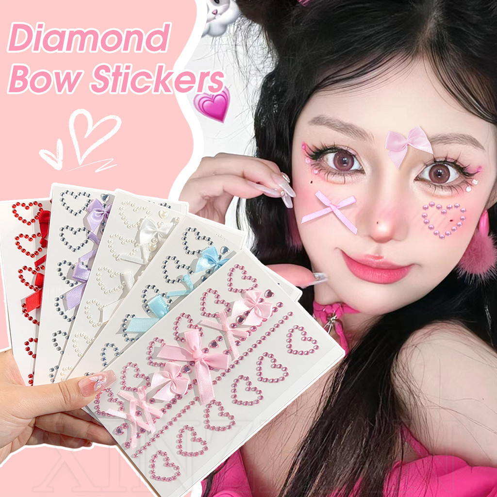 Water-diamond Silk Ribbon Bowknot Face Sticker - 3D Ins, Sweet Lovely Bow Stickers - Fairy Girls Teardrop Makeup Diamond - ประดิษฐ์คริสตัลวงกลมตกแต่ง Tattoo Applique