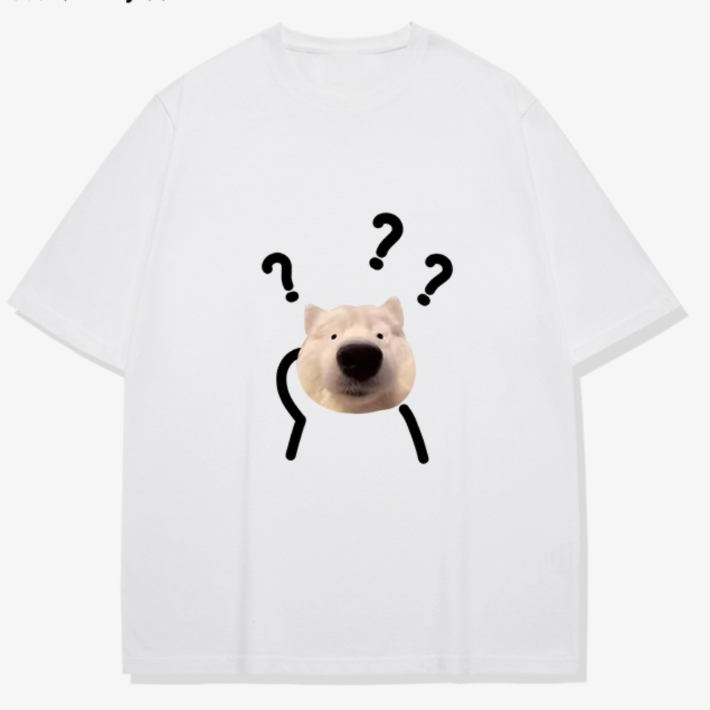 （พร้อมส่งจากกทม มาถึงใน 2วัน）เสื้อยืดแขนสั้นคอกลมแขนสั้นสำหรับผู้ชายฤดูร้อนหลวมสบายพิมพ์เครื่องหมายคำถามขนาดใหญ่ลูกสุนัข