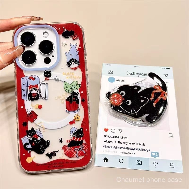 เคสการ์ตูนแมวดำติดแม่เหล็ก สำหรับ iPhone (กันกระแทก) รุ่นที่รองรับตามรุ่นในลิสต์