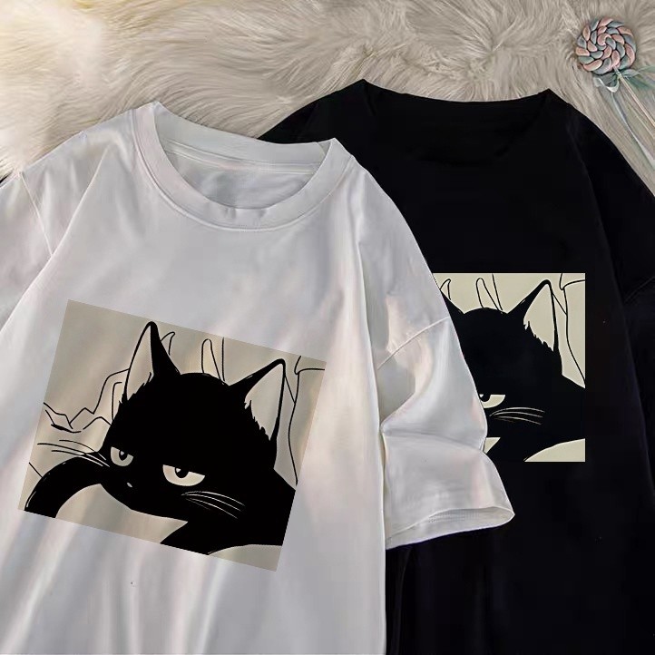 🚚【Shipped from Thailand】Simple and cute cat print short-sleeved T-shirt, breathable, comfortable, printed T-shirt,
