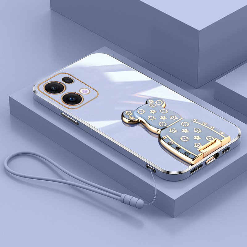 2024 ใหม่เคสโทรศัพท์OPPO Reno 13 13pro 13F 5GหรูหราElectroplateซิลิโคนปลอกอ่อนสําหรับRENO13 Seriesหมีวงเล็บ + สายคล้องมือเลนส์ป้องกัน