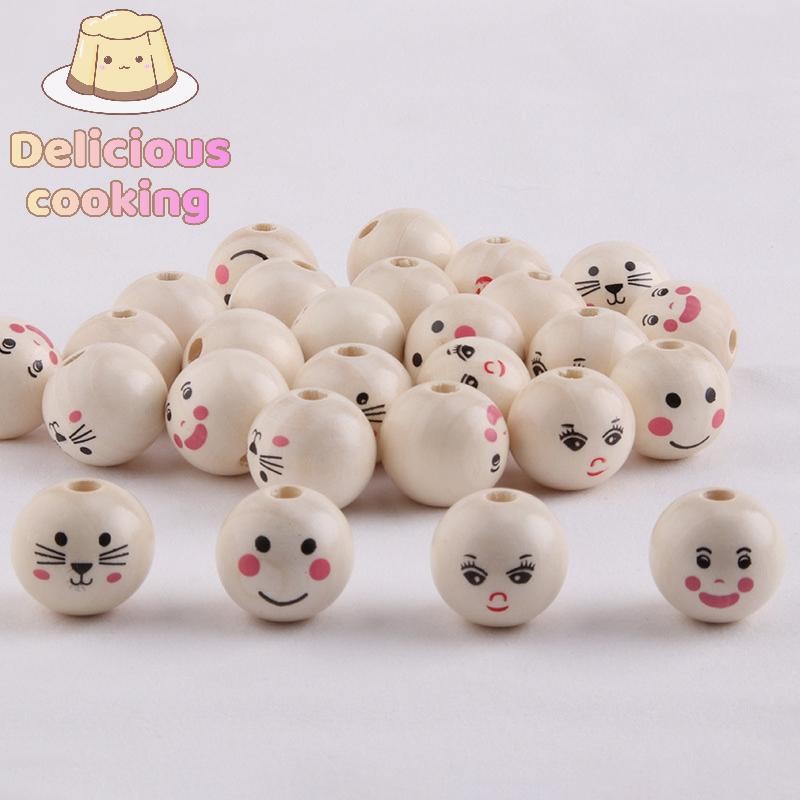 [ทําอาหารแสนอร่อย] 10ชิ้นไม้พิมพ์สียิ้มใบหน้าตุ๊กตาหัวลูกปัดไม้ลูกปัดหลวมอุปกรณ์เครื่องประดับ ทําเอง ลูกปัดแสดงออกพร้อมรู [ใหม่]