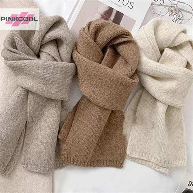 Pinkcool เกาหลีถักผ้าพันคอสีทึบหนาผู้หญิงผ้าพันคอสภาพอากาศเย็นความร้อนคอห่อชุดลําลองผ้าพันคอร้อน