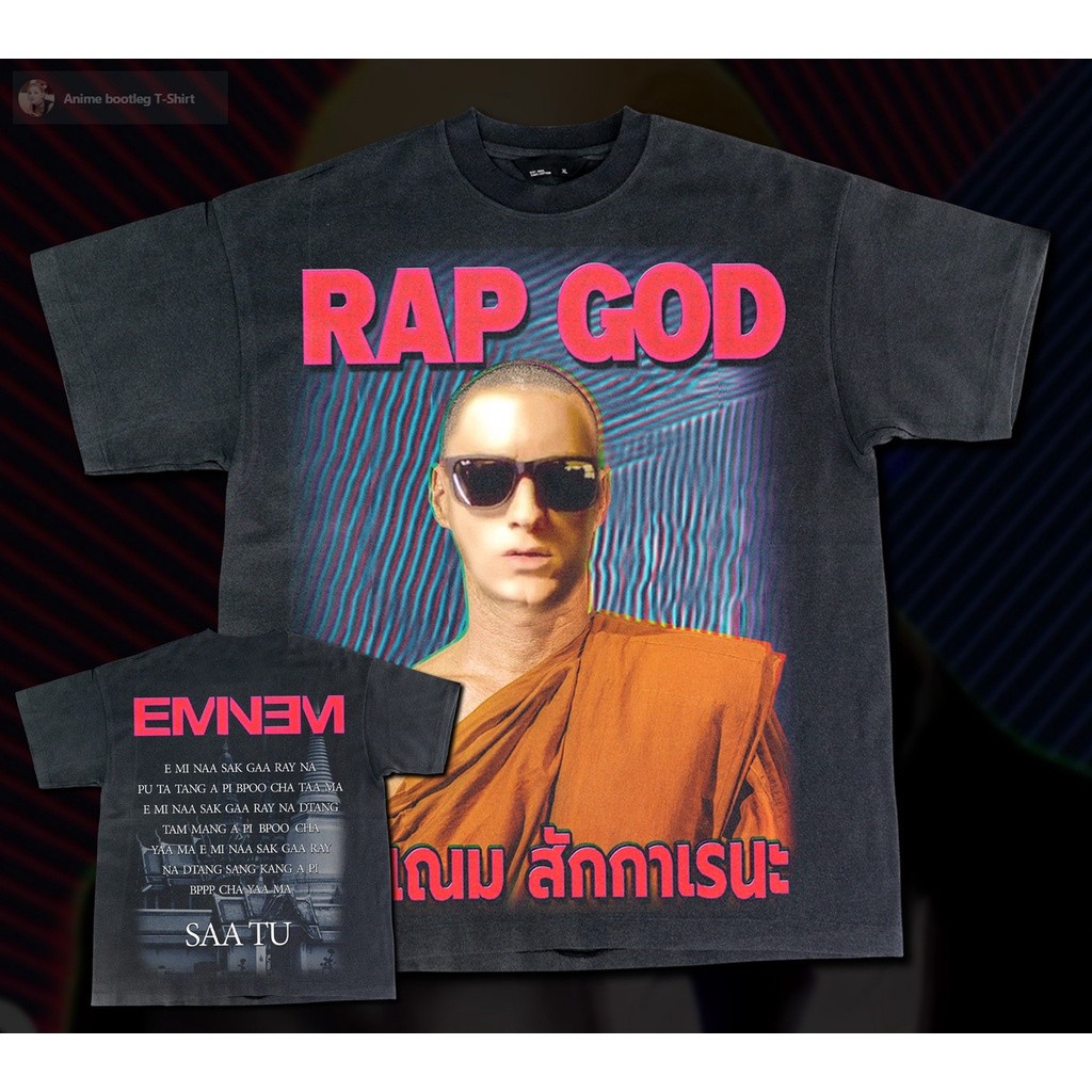 🍀 เสื้อยืดผ้าฝ้าย Eminem RAP GOD - Bootleg T-Shirt หน้า-หลัง
