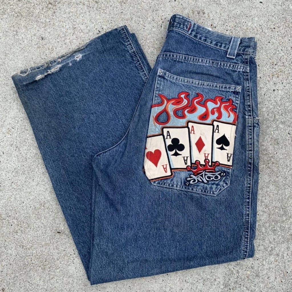 Harajuku Hip Hop Poker Graphic Retro Blue Baggy Denim กางเกงเอวสูงสตรี JNCO ใหม่กางเกงยีนส์