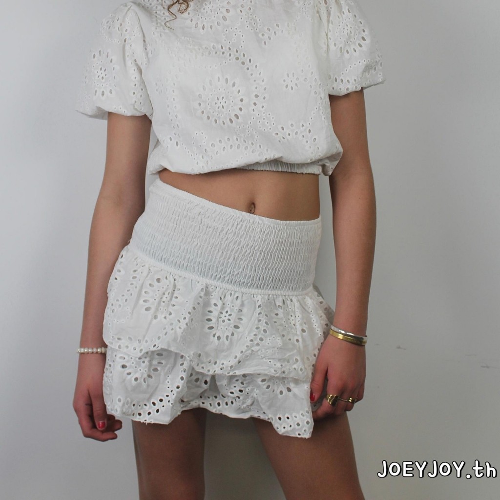 Joeyjoy-กระโปรงผู้หญิง Shirred Mini Skirt A-Line Pointelle กระโปรงเอวสูงระบายชั้น - รูปที่ 7