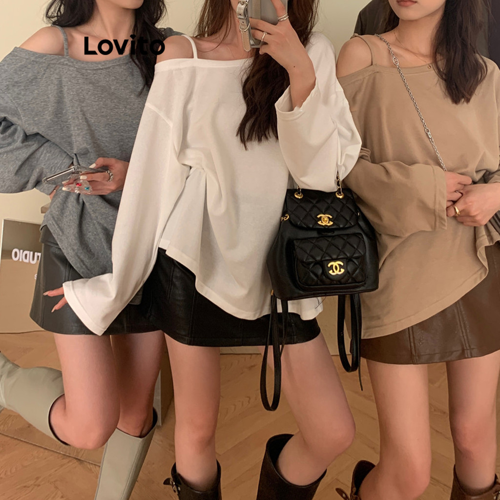 Lovito เสื้อยืดผู้หญิง อสมมาตร สีพื้น สไตล์ลำลอง LNE24059 (สีกากี/เทาเข้ม/เทา/ขาว/ดำ)
