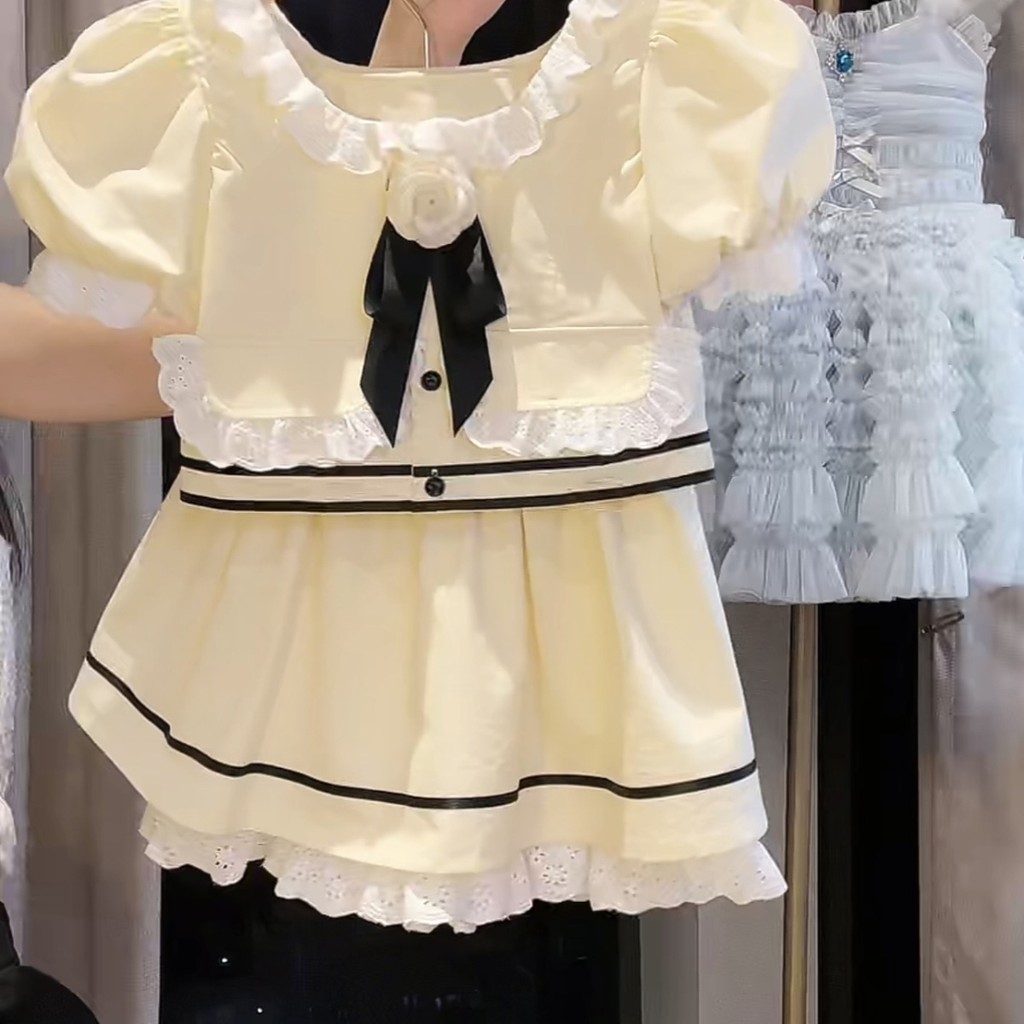 [4534 รายการโปรด] ชุดสามชิ้นฤดูร้อนใหม่จากดีไซเนอร์ระดับสูงสำหรับเด็กผู้หญิง แขนพัฟลูกไม้สไตล์โลลิต้า