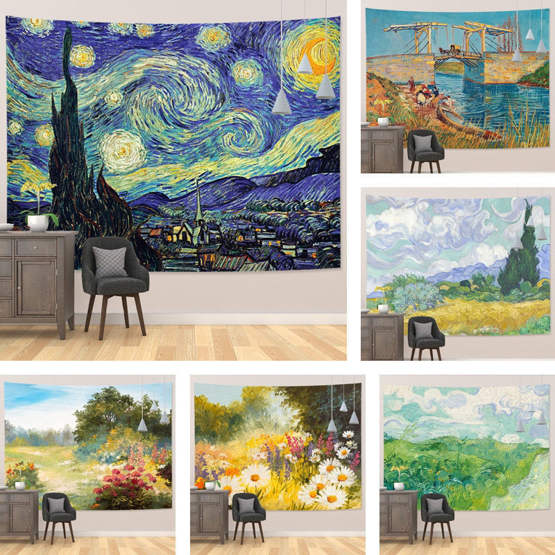 ผ้าปูพื้นหลังศิลปะ Van Gogh ผ้าผนังภาพวาดสีน้ำมัน ตกแต่งห้อง ผ้าข้างเตียง ผ้าแขวน