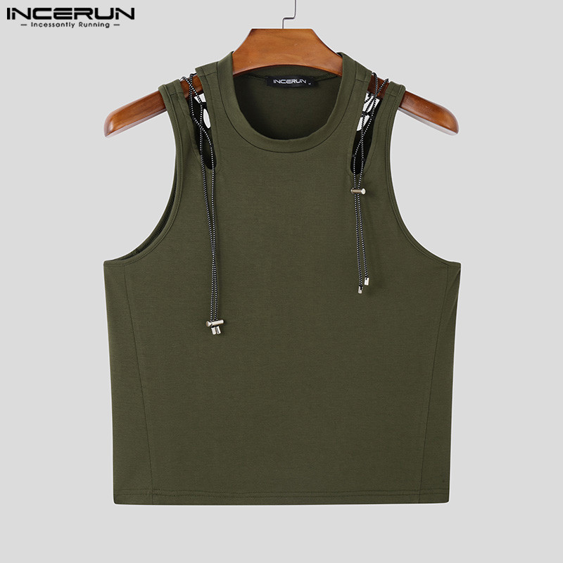 Incerun ผู้ชายเกาหลีแฟชั่น Scooped Patchwork ออกแบบเสื้อแขนกุด