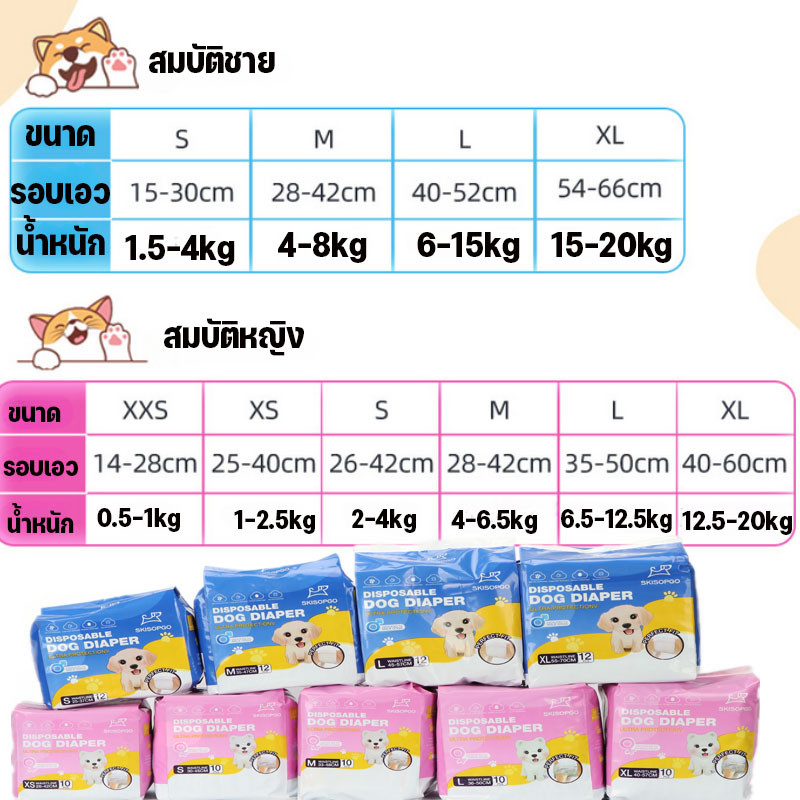 ผ้าอ้อมสุนัข 12/10pcs แพมเพิสสุนัข แบบใช้แล้วทิ้ง ชายและหญิง ดูดซึมน้ําได้ดี  XS/S/M/L/XL