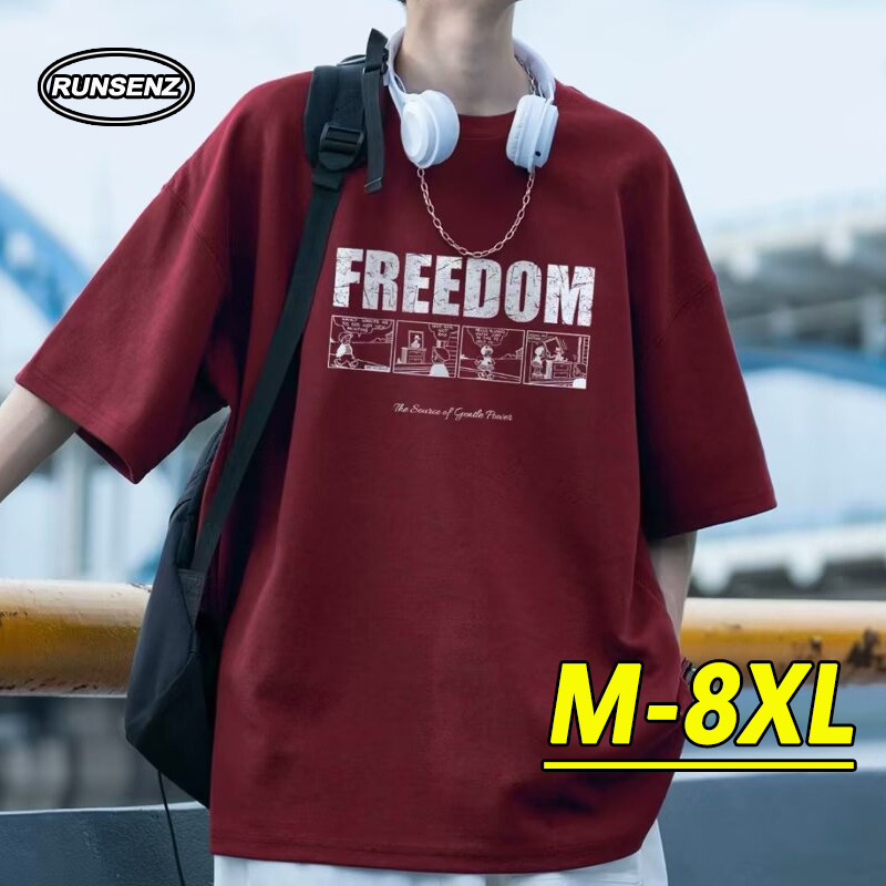 M-8XL แฟชั่นเกาหลีไวน์แดงแขนสั้นเสื้อยืดผู้ชายฤดูร้อนหลวมสบายๆพลัสขนาดด้านบน
