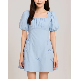 【S-5XL】 มินิเดรส เดรสสั้น สีพาสเทล แขนพองตุ๊กตา แต่งโบว์สไตล์เกาหลี น่ารัก เดรสพลัสไซซ์ เดรสออกงาน