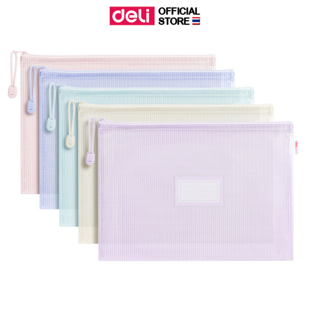 ซองซิปเอกสาร A4 Deli รุ่น 63482A/63482 มีป้ายชื่อ ซิปตาข่าย ซองซิปหูรูด (5 สี/จำหน่าย 1 ชิ้น)