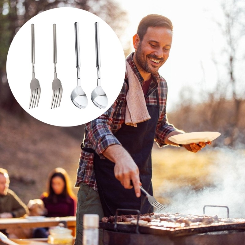 ONE แพ็ค 2 สแตนเลสสตีล Telescopic ส้อมช้อนขยายยาวช้อนส้อม Telescoping Dinning เครื่องครัวสําหรับ BBQ