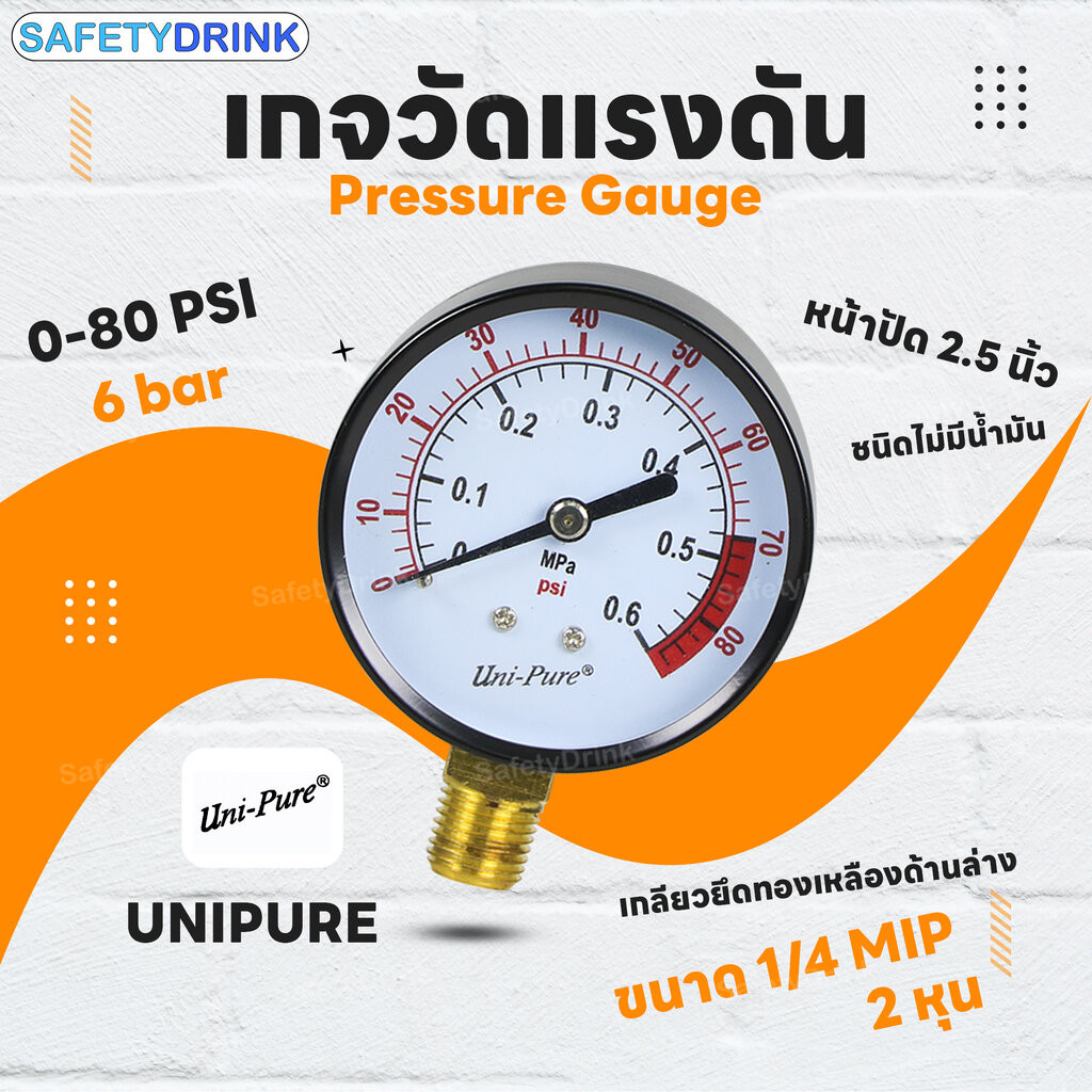 UNIPURE Pressure Gauge เกจวัดแรงดัน เกลียวล่าง วัดแรงดัน ระบบท่อน้ำ 0-80 PSI