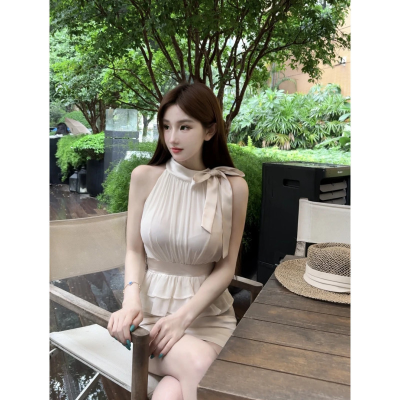 ชุดสองชิ้นหญิง สไตล์เกาหลี มินิมอล เอวแคบ เสื้อแขนกุด และกระโปรงเอวสูง แฟชั่นใหม่