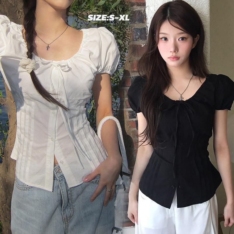 Mimi&didi#เสื้อเชิ้ตแขนสั้นคอกลมผูกโบว์เอวสุดน่ารัก เสื้อเชิ้ตสีขาว สไตล์ลำลอง แฟชั่นสไตล์เกาหลี สำหรับผู้หญิง#W569