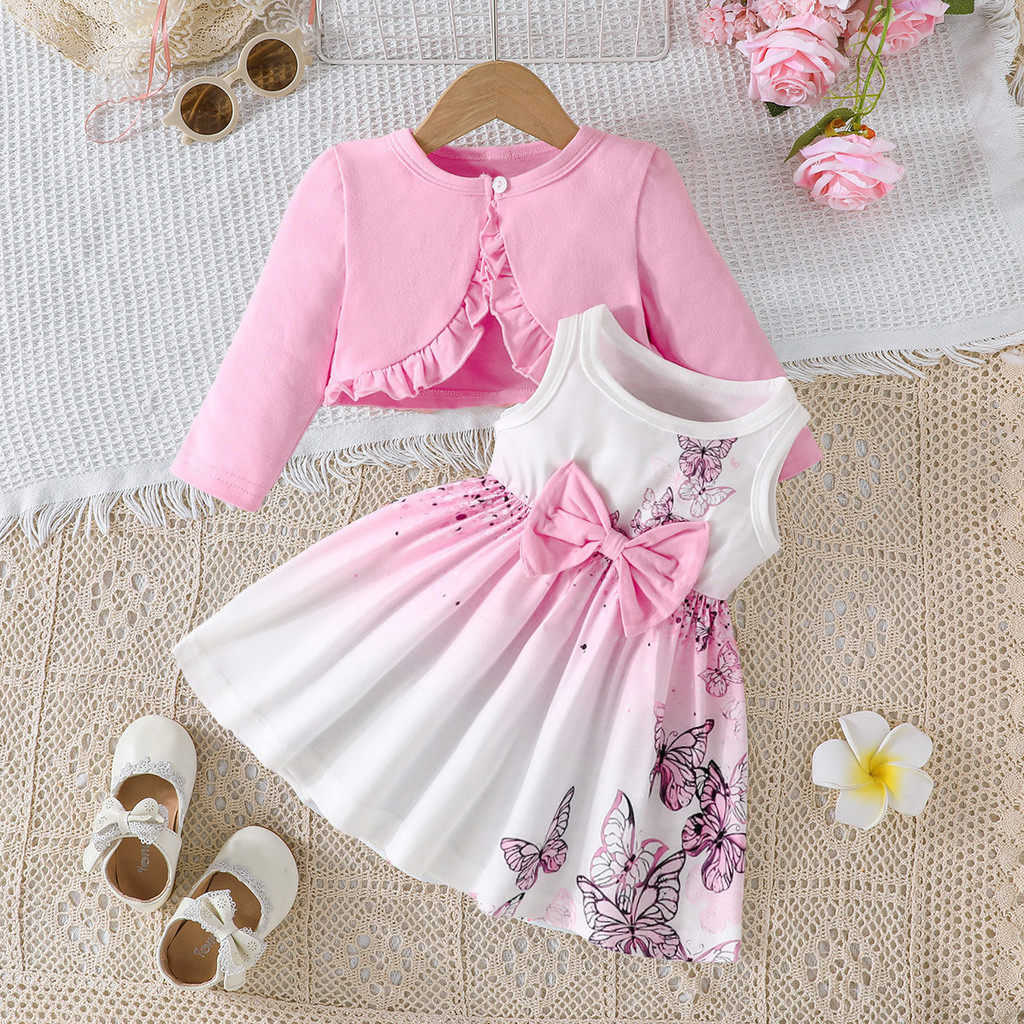 NNJXD เด็ก2ชิ้นสูทไล่ระดับสีแขนกุดผีเสื้อพิมพ์ชุด+แขนยาวสีทึบเสื้อเด็กสาววันเกิดชุดลําลอง