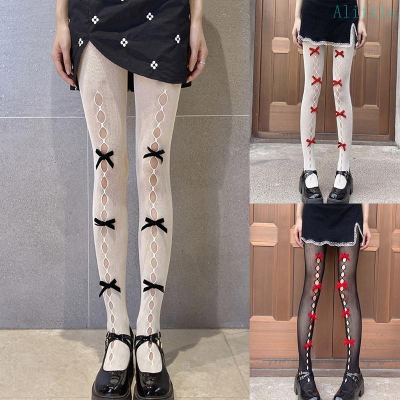 Alia ญี่ปุ่น Lolita ผู้หญิง Fishnet Tights Hollow Out Hole กํามะหยี่ Bowknot Jacquard ถุงน่องลูกไม้ตาข่ายคอสเพลย์ Pantyhos