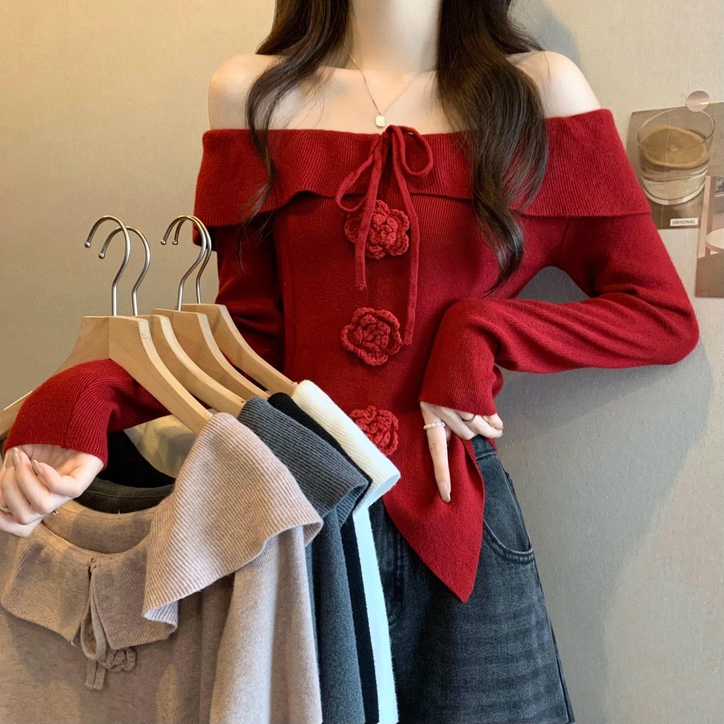 Anna Red สเวตเตอร์คริสต์มาส เสื้อสเวตเตอร์แขนยาวลายโบว์เร้าใจลายดอกไม้สามมิติสำหรับผู้หญิง #Z052