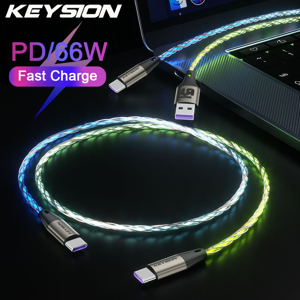 Keysion PD 66W USB CC Data Cable สีสัน LED RGB Light Gradient Type-C Fast Charging Wire สําหรับ iPhone 16 Samsung Huawei Xiaomi