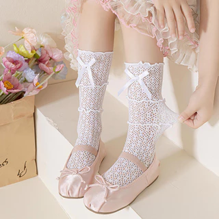เด็กผู้หญิง Spring Summer Must-Have!เวอร์ชั่นเกาหลีสไตล์โลลิต้าสามชั้นลูกไม้โบว์ลูกไม้กองถุงเท้าเจ้าหญิง