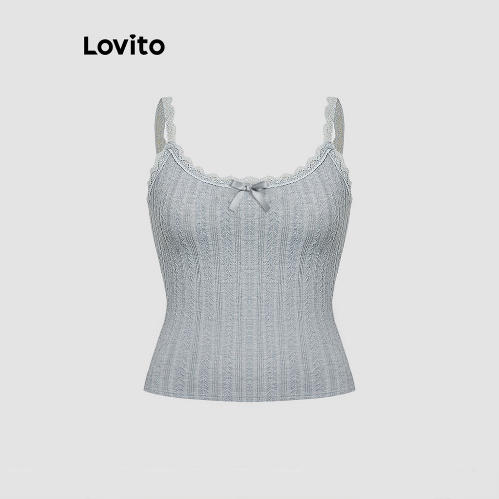 Lovito เสื้อกล้ามลูกไม้ผูกโบว์สีพื้นน่ารักสำหรับผู้หญิง L114AD095