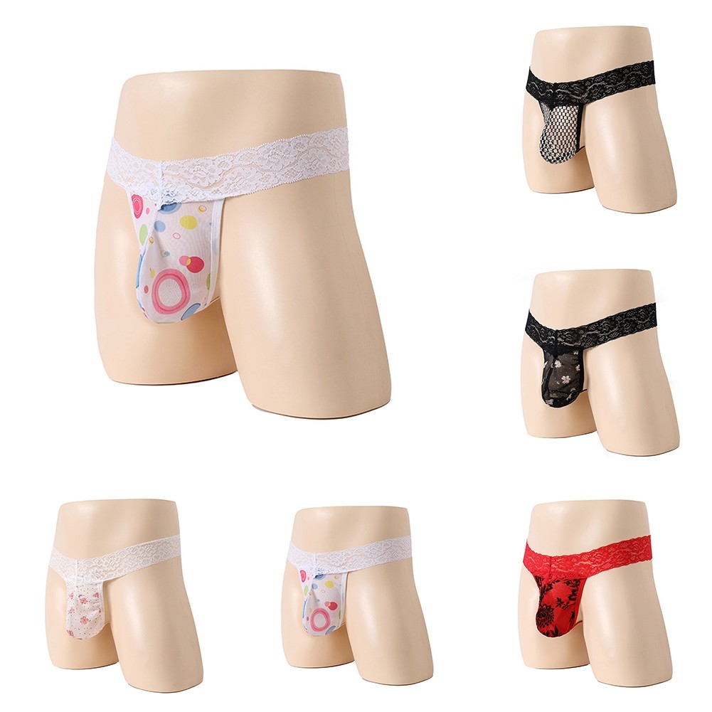[LSAR] บุรุษเซ็กซี่ลูกไม้พิมพ์ดูผ่าน Thongs กระเป๋าชุดชั้นใน T-Tack G String กางเกง
