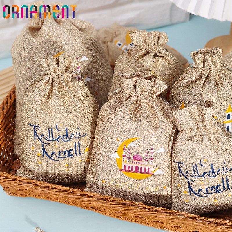 Eid Drawstring Linen Pouch - Candy Snack Storage Pouch - ตกแต่งเทศกาล - Party Favors Pack - Kids Present Pocket - ถุงบรรจุภัณฑ์ของขวัญรอมฎอน
