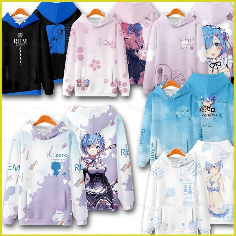 Squ3 Re Zero Rem Ram Hoodie อะนิเมะแขนยาว Unisex Hooded Tops ลําลองหลวมแฟชั่นเสื้อกันหนาว Plus ขนาด