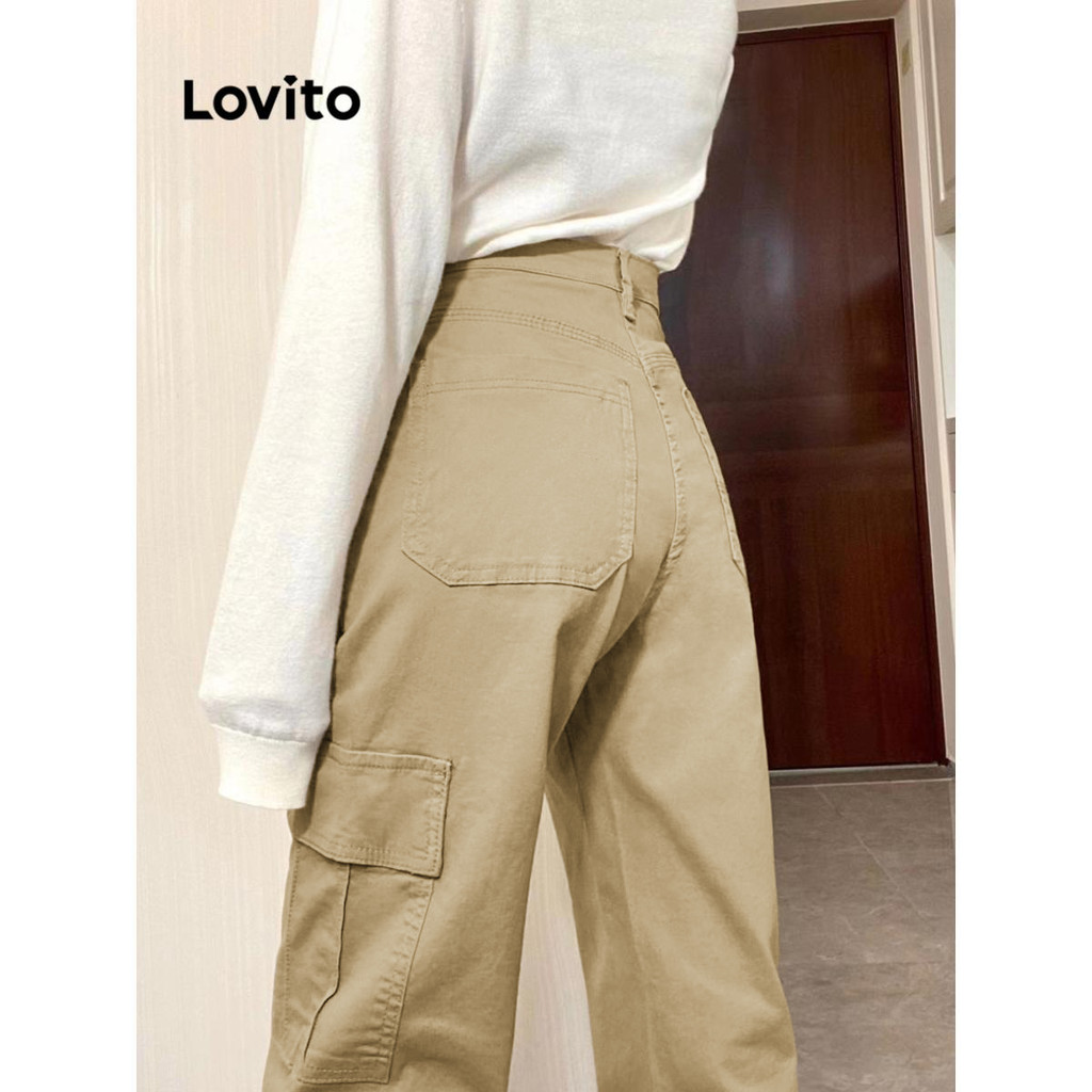 Lovito กางเกงขายาวผู้หญิง มีกระเป๋า สีพื้น สไตล์ลำลอง LNA67235